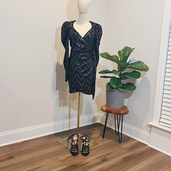 Reformation Ireland Mini Black Chevron Two-tone Sequin Wrap Dress (S) - Picture 2 of 16